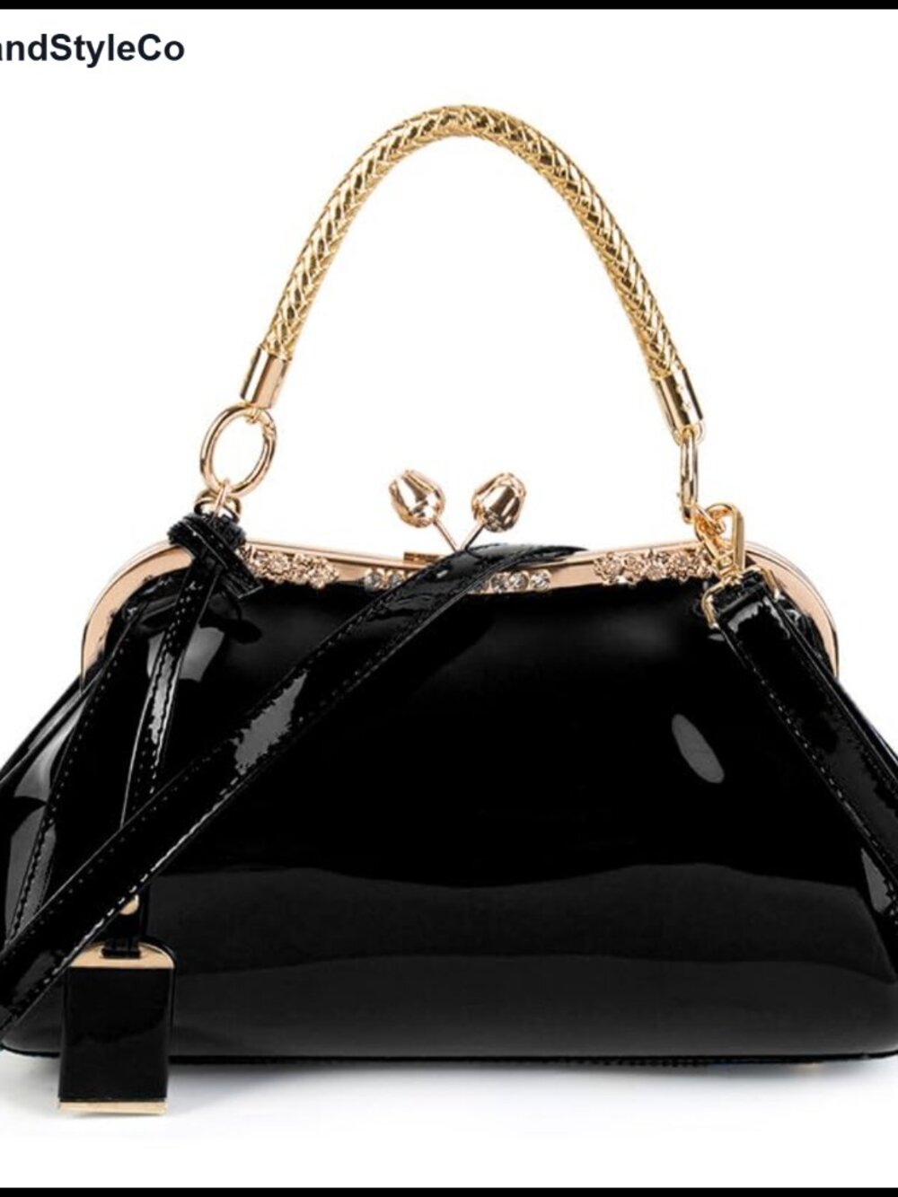 Glossy Faux Patent Leather Kiss Lock Satchel Evening Bag with Shoulder Strap